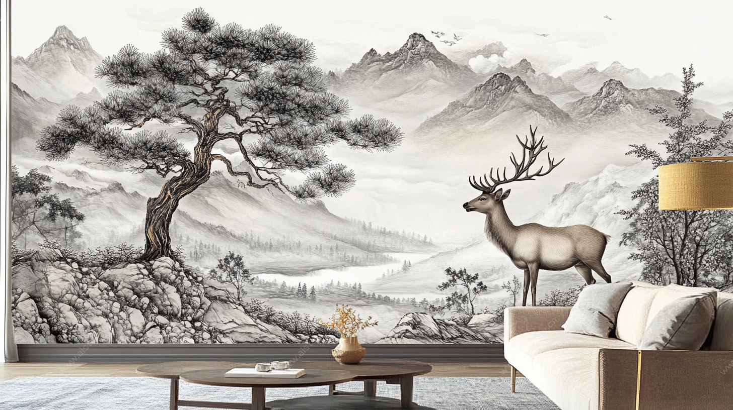 新中式山水麋鹿客厅壁画