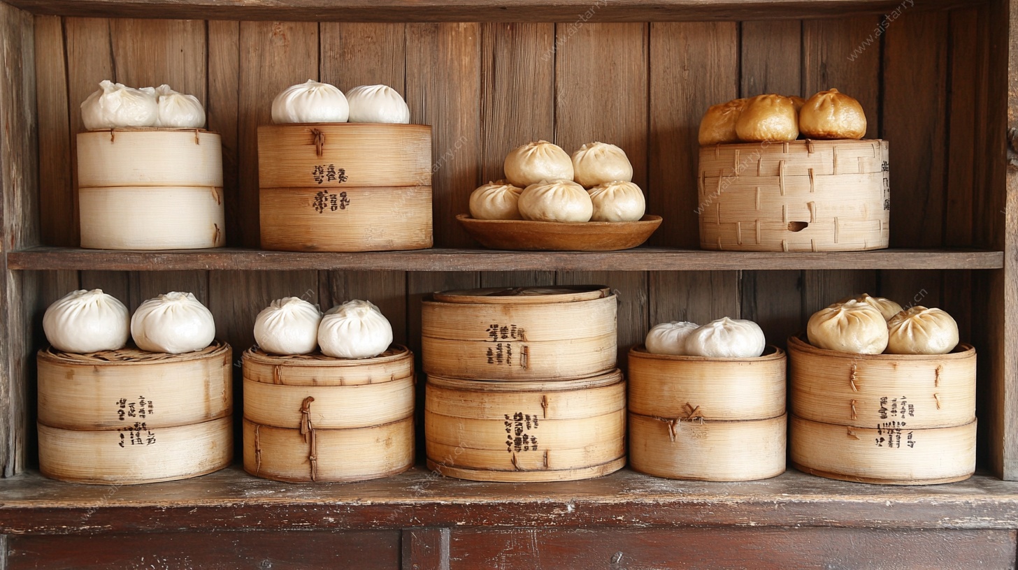 木架上的多样中式蒸笼包子