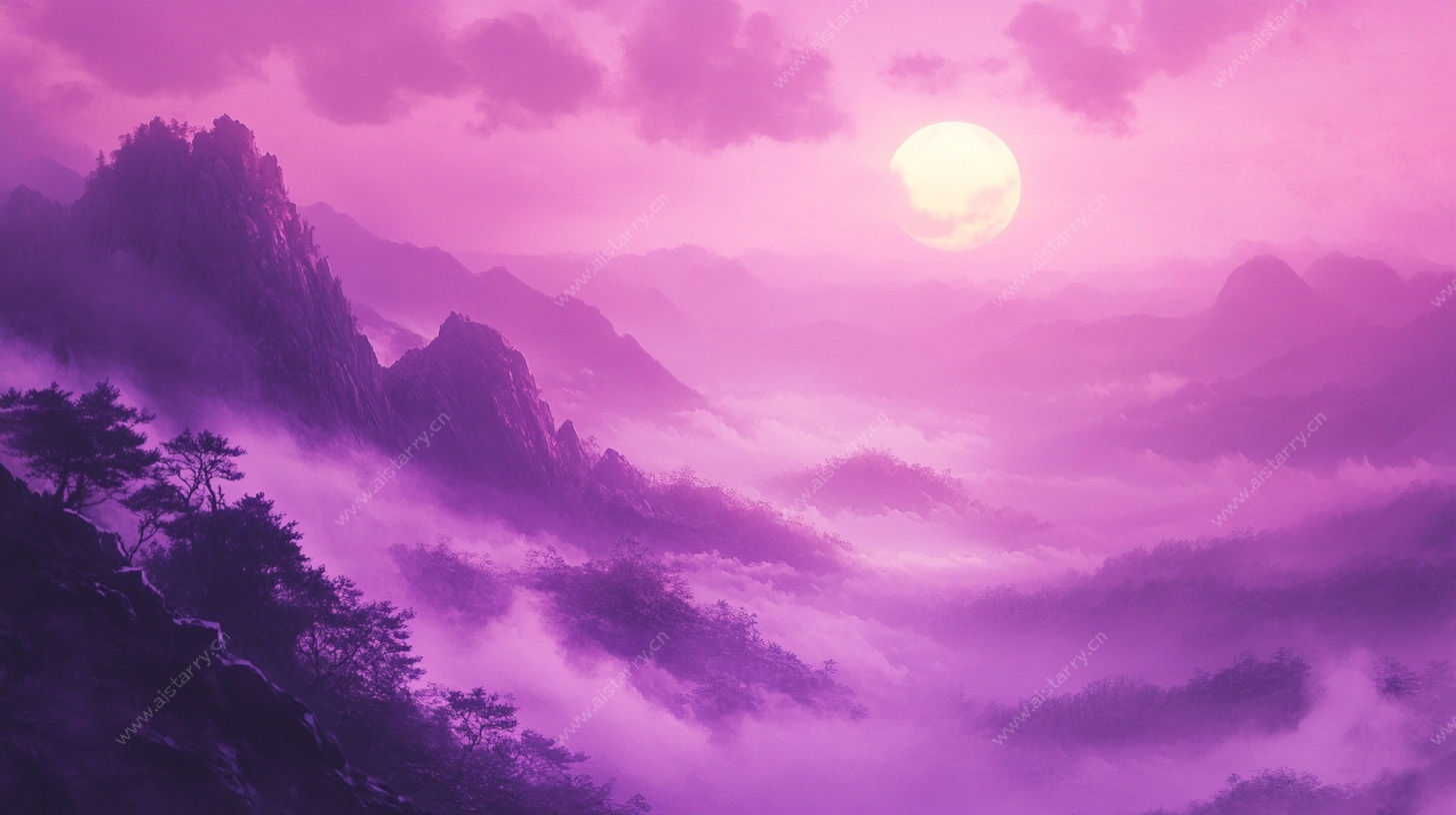 梦幻紫色山水日出景象