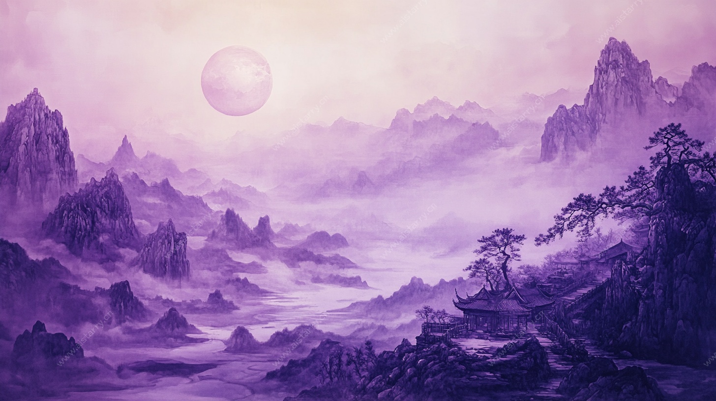 梦幻紫色山水月夜图