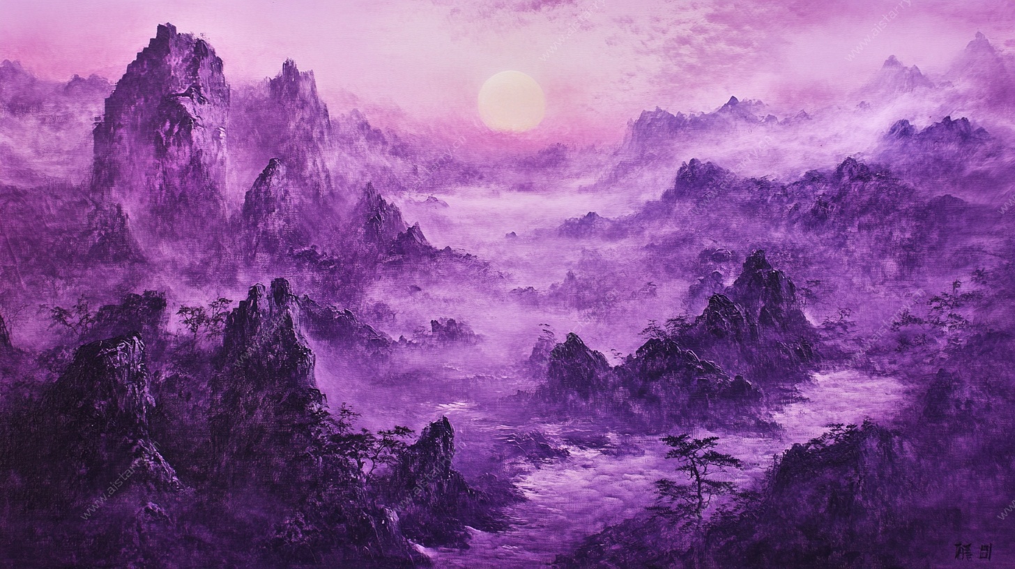 梦幻紫色山水日落图