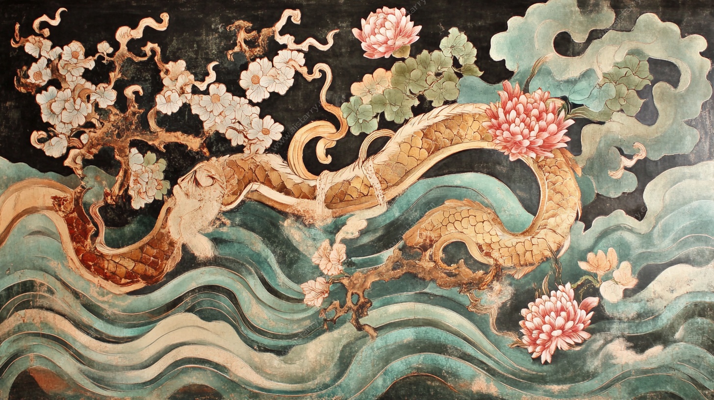 中式龙纹海浪花卉壁画