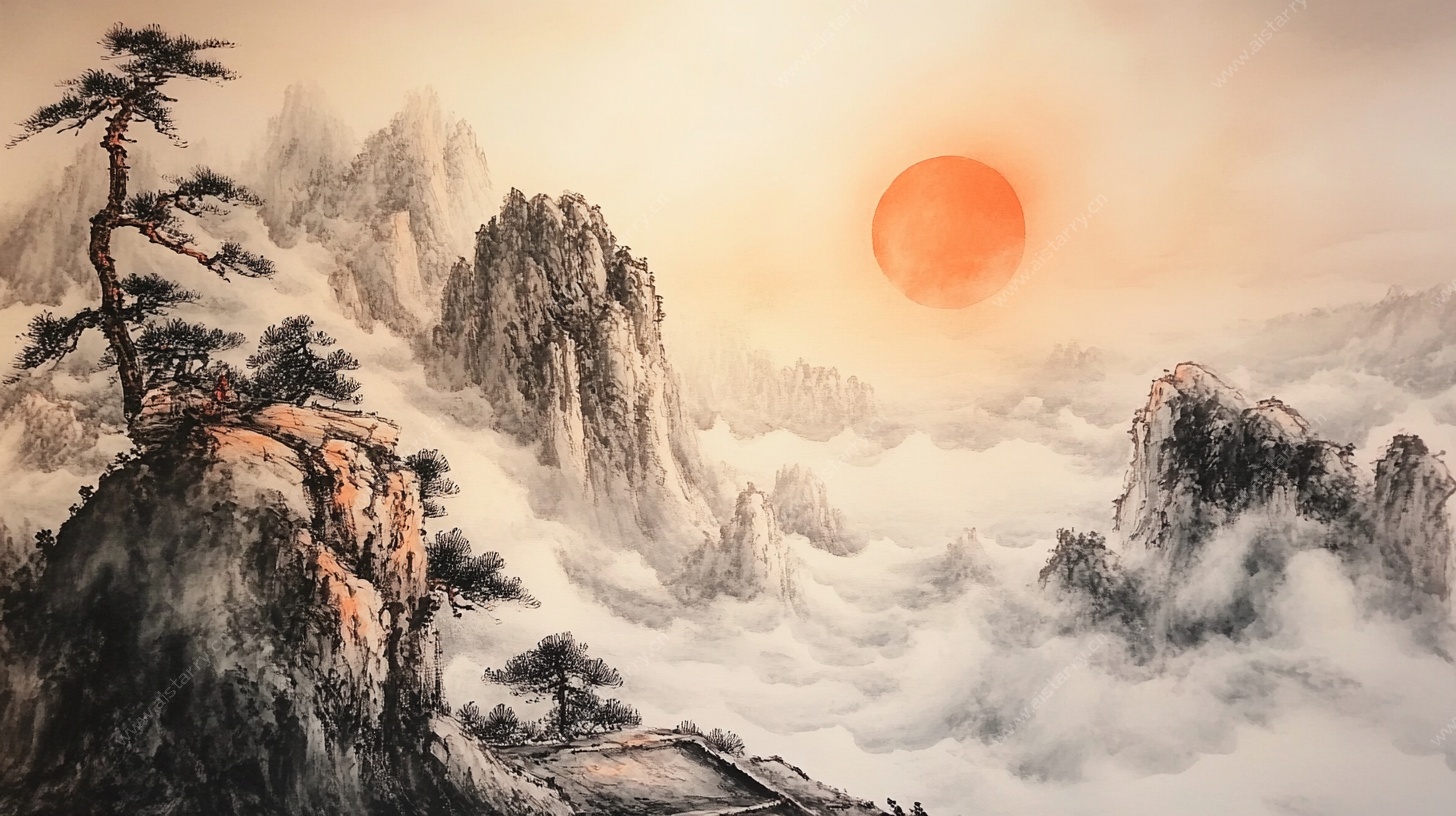 旭日东升山水图