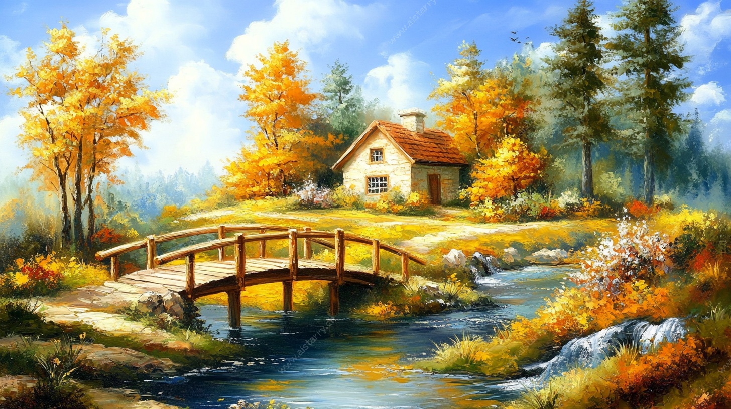 秋日乡村小桥风景油画