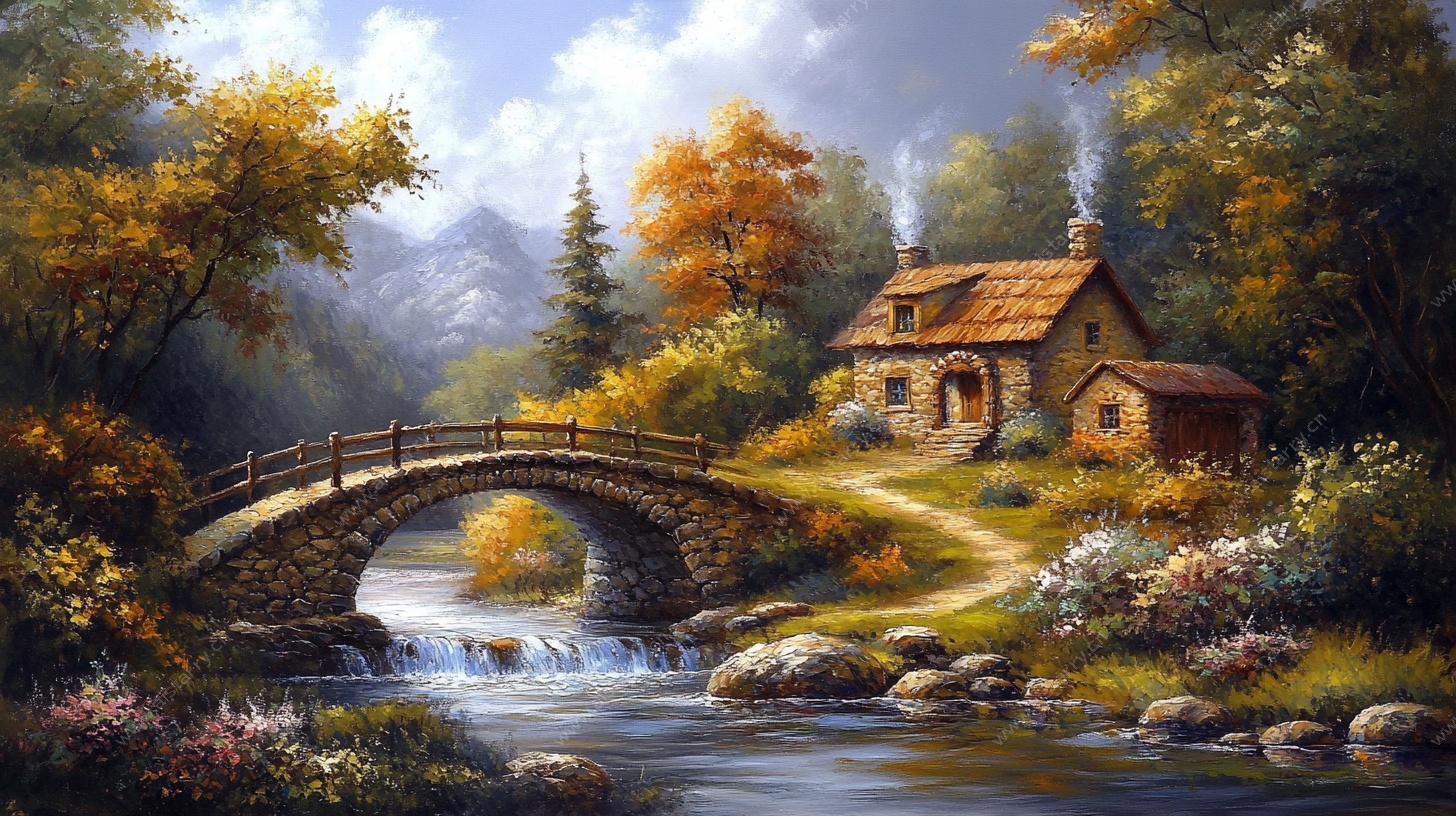 秋日溪边小屋油画风景