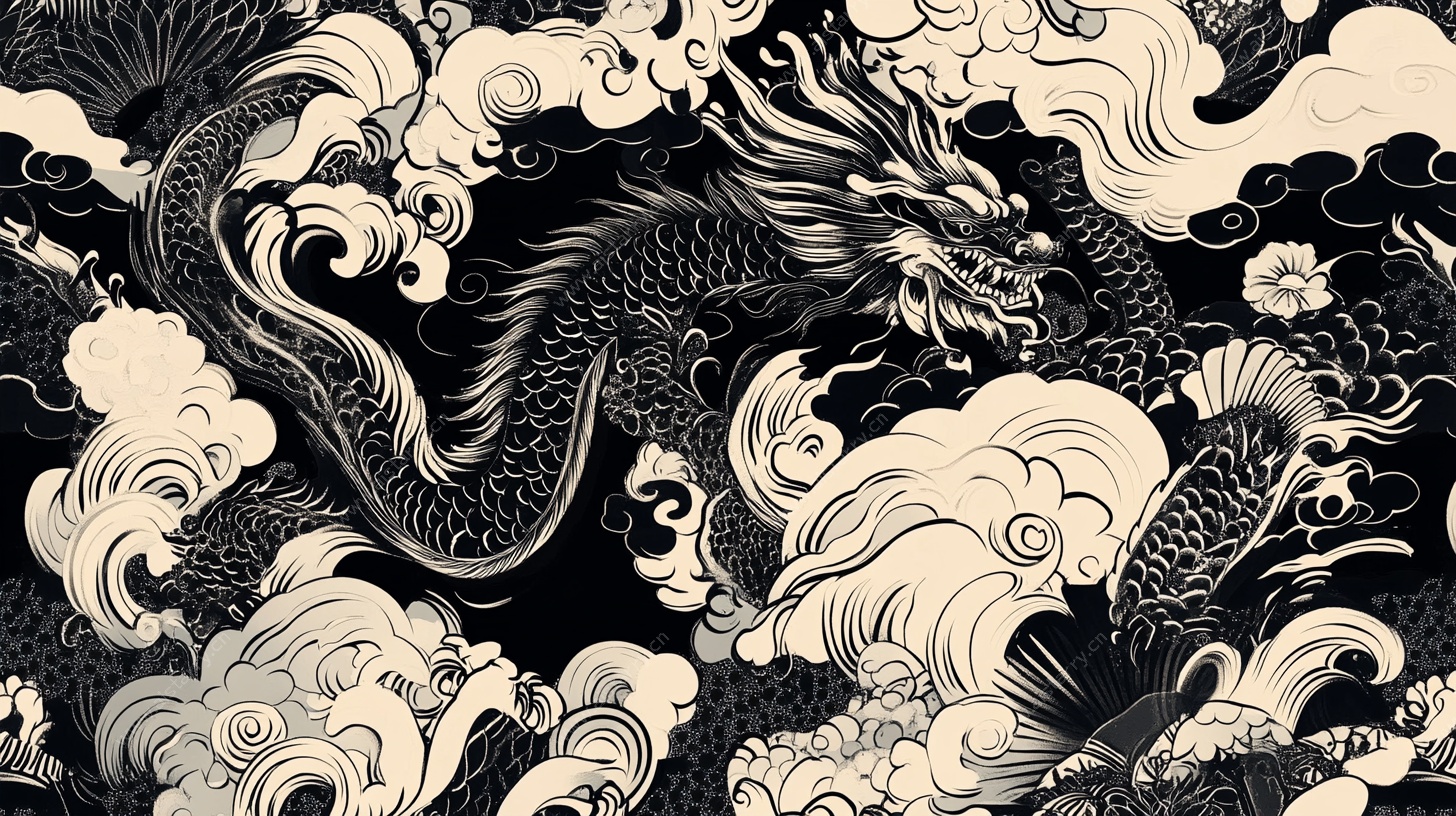 中式龙纹海浪图案