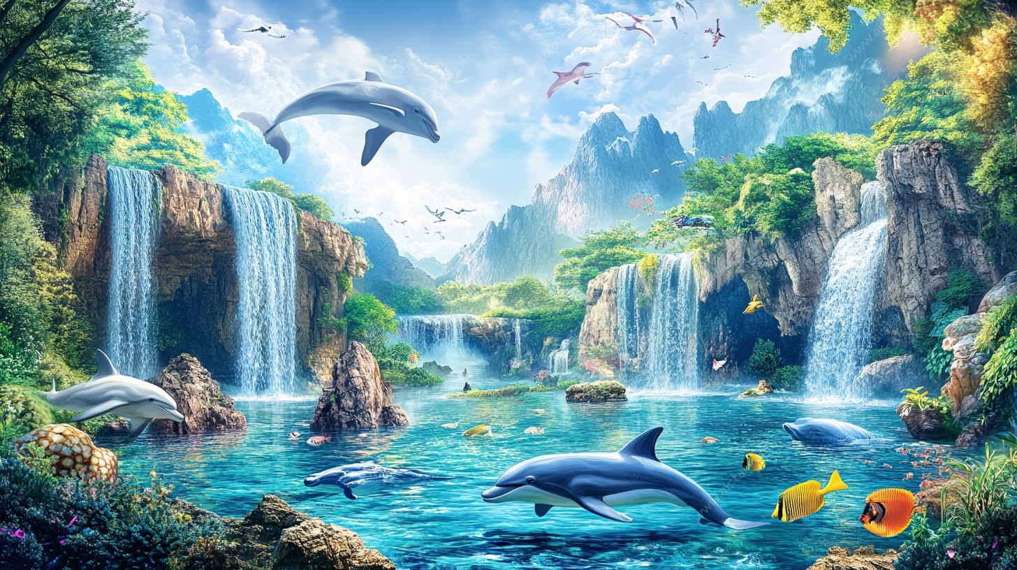 梦幻山水海豚奇幻图景