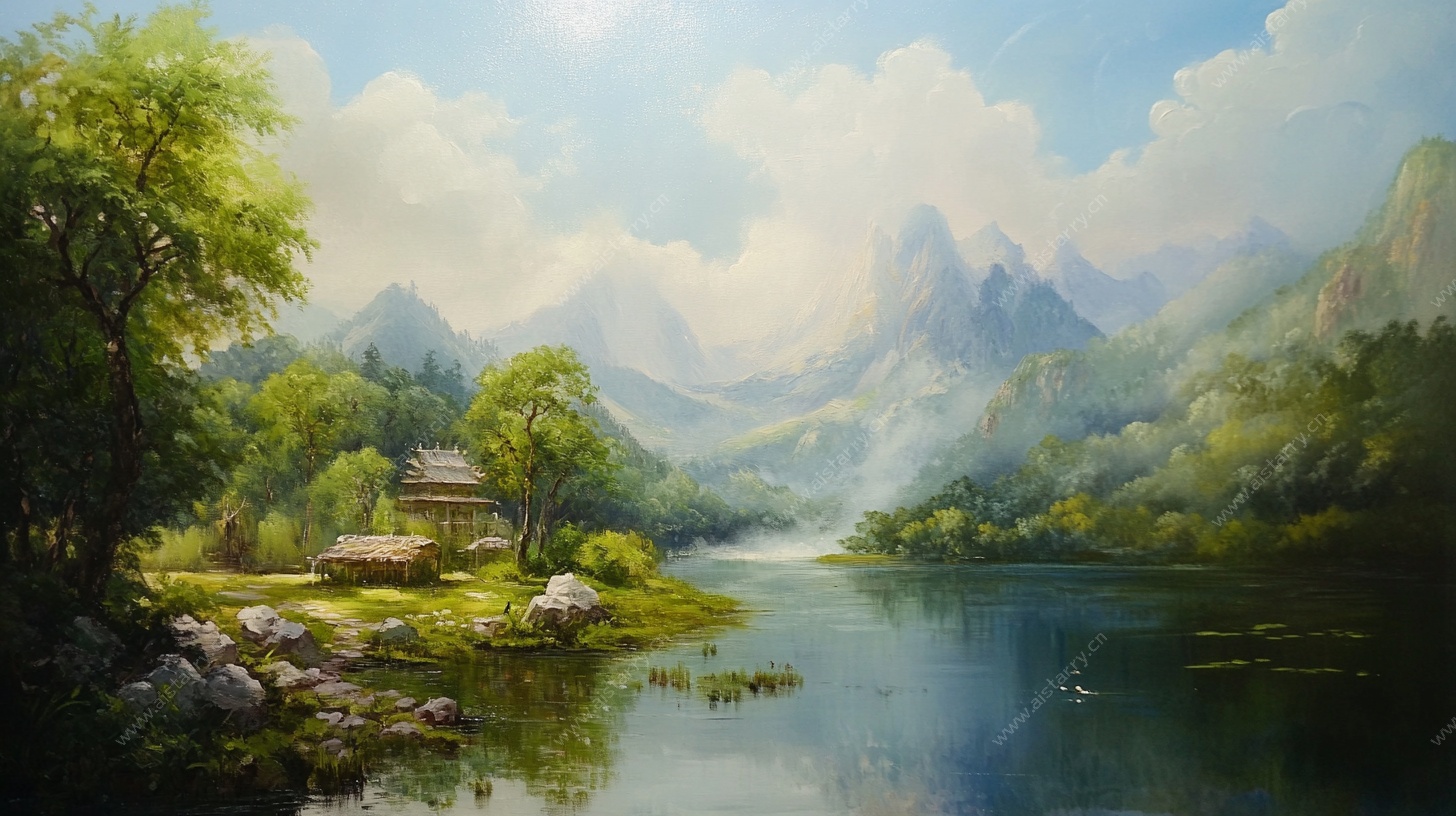 山间湖畔美景油画