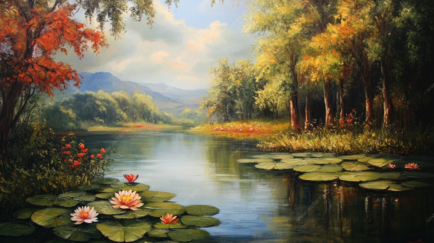 秋日湖畔睡莲油画风景