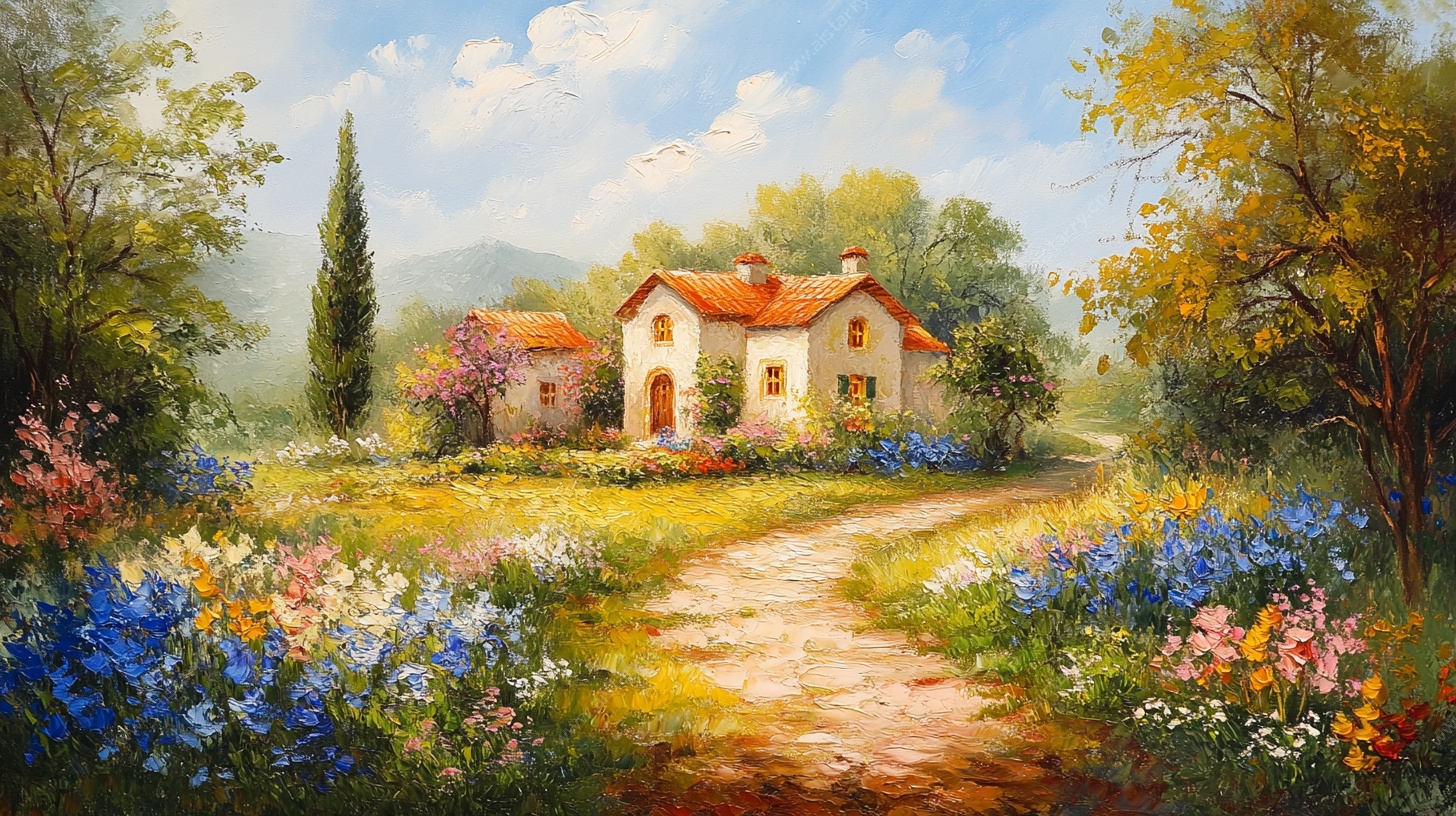 田园小屋风景油画
