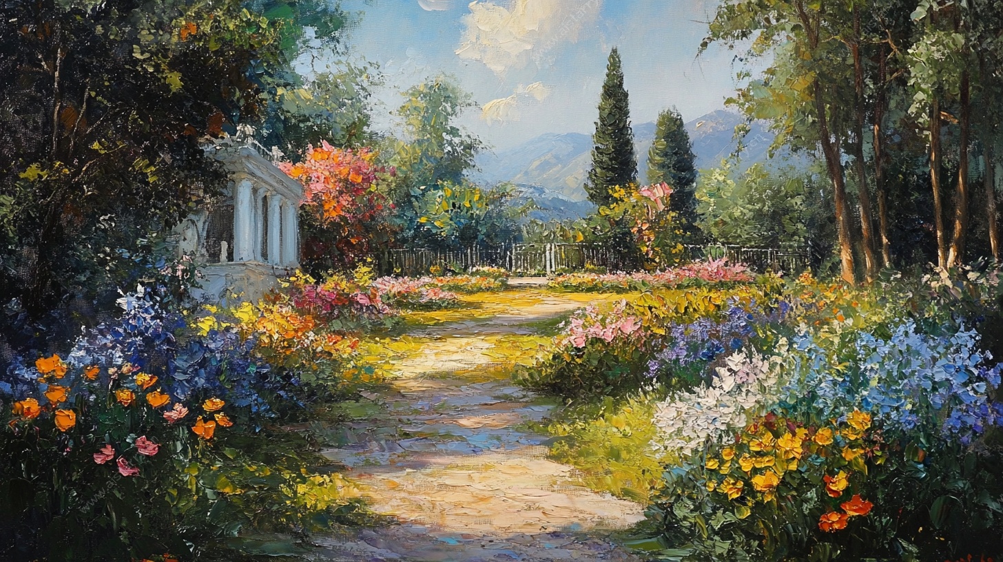 花园小径油画风景图