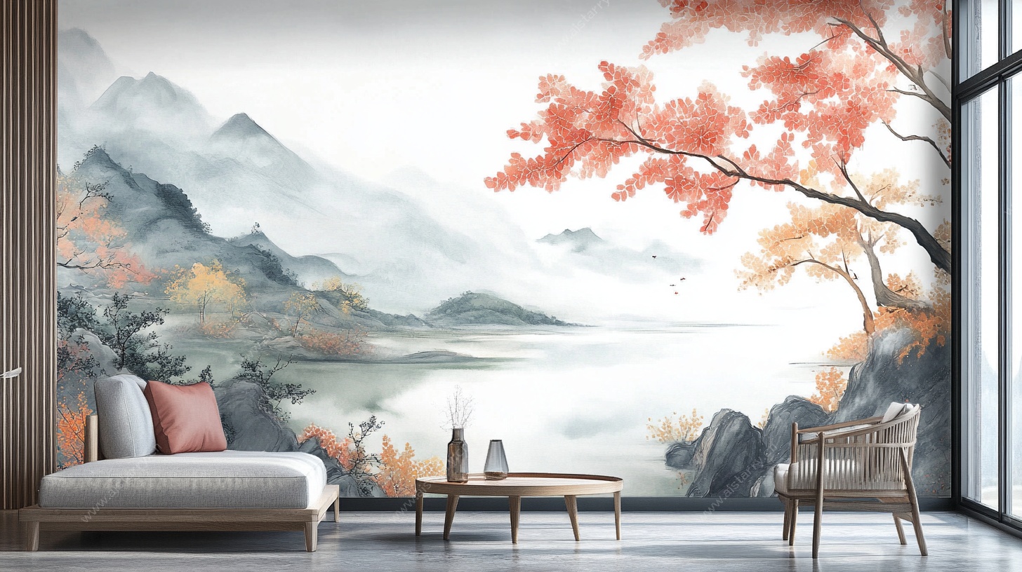 中式山水客厅壁画场景