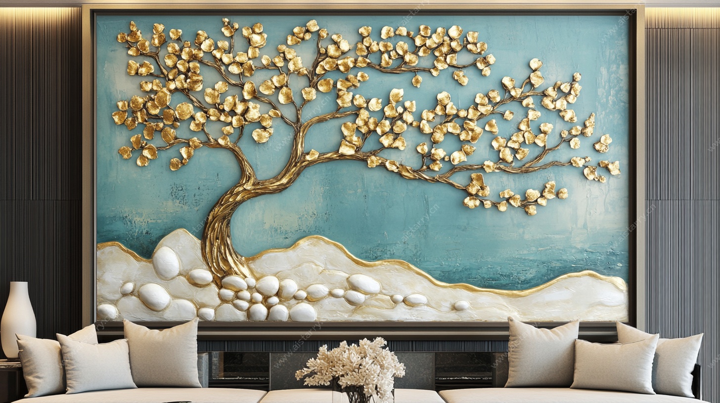 金色发财树装饰画客厅摆件