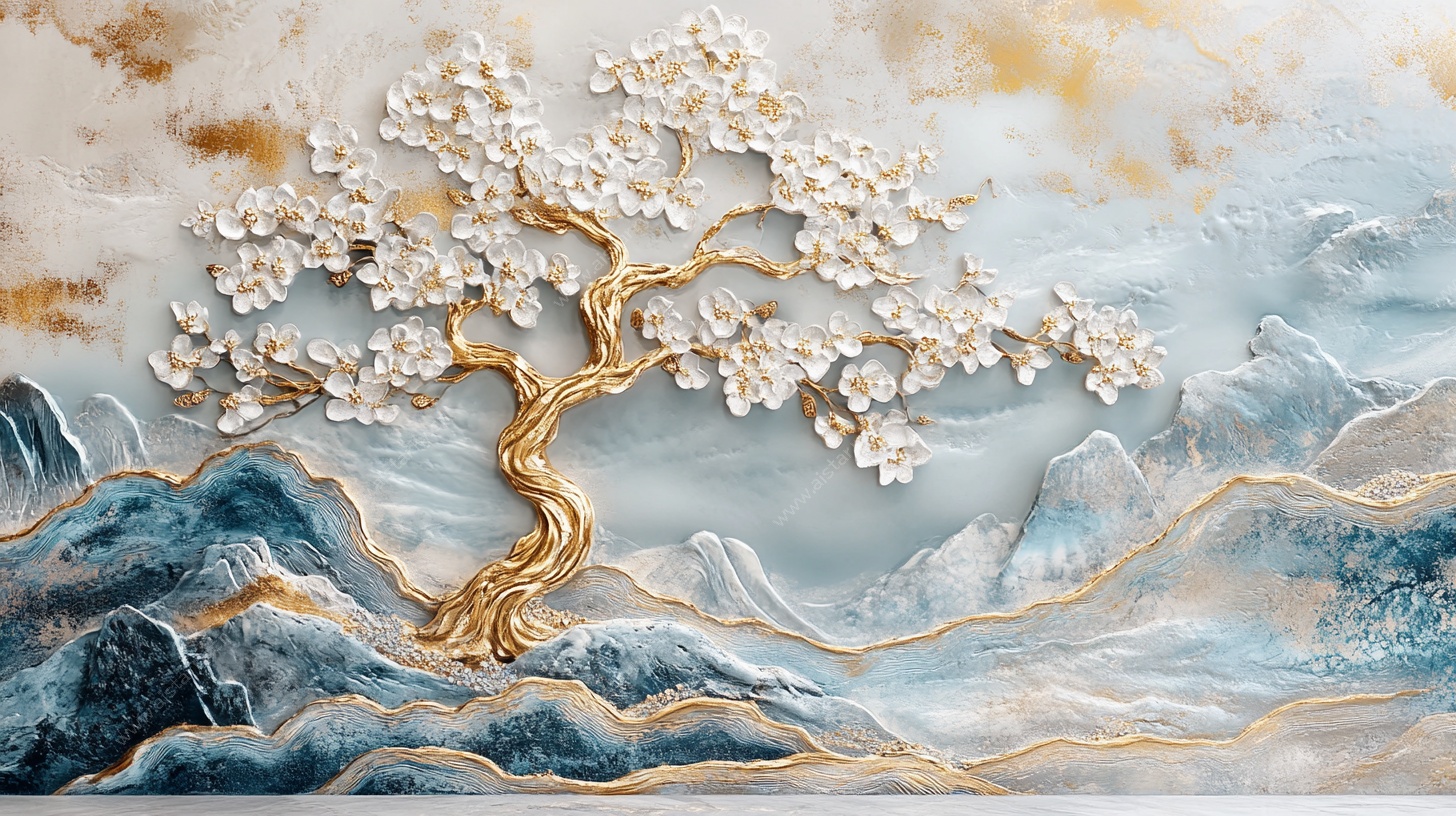 立体浮雕山水樱花树装饰画