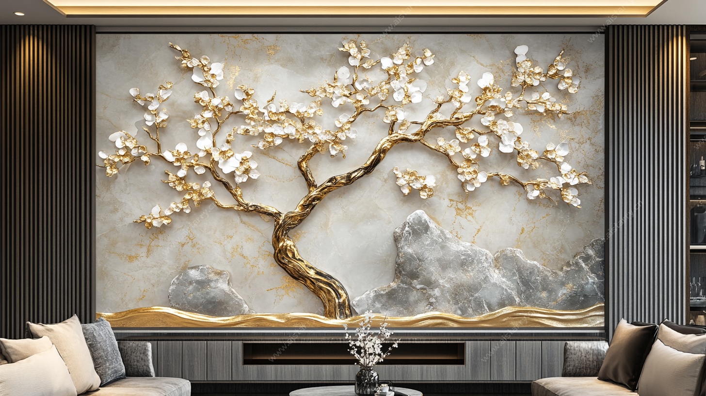 中式金枝玉叶客厅背景墙