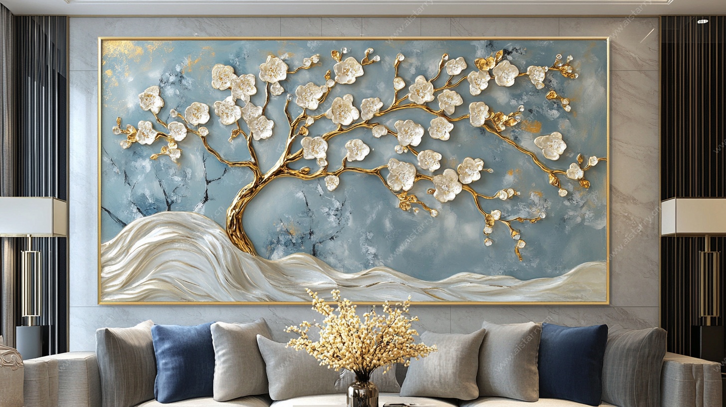 蓝调金枝繁花客厅装饰画