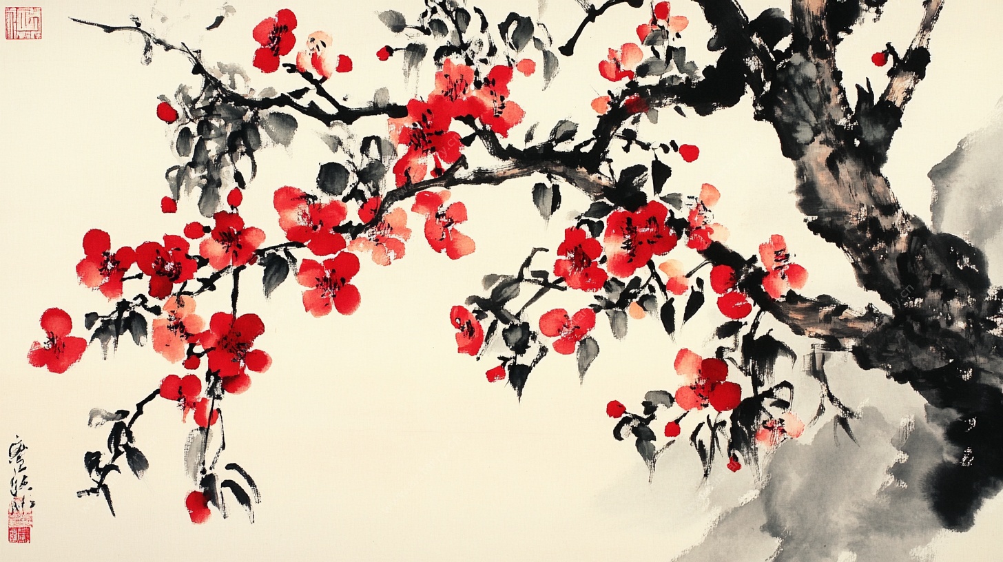 水墨红梅图