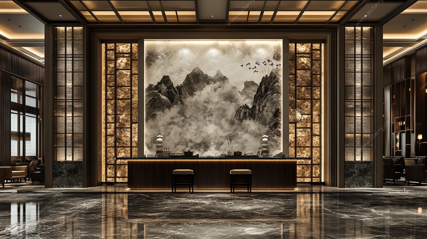 中式大厅山水壁画接待区