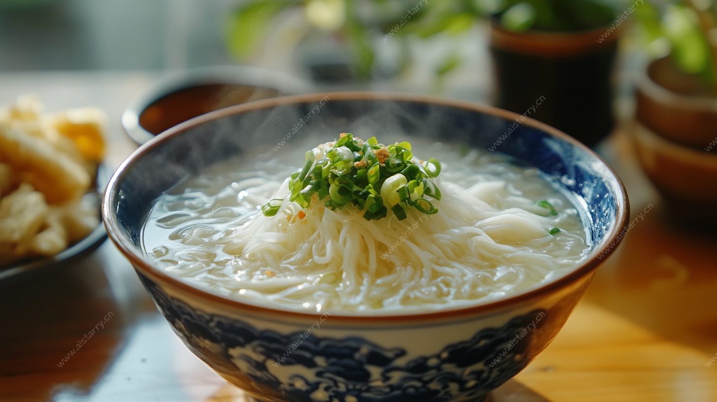 青花瓷碗中的鲜香米粉