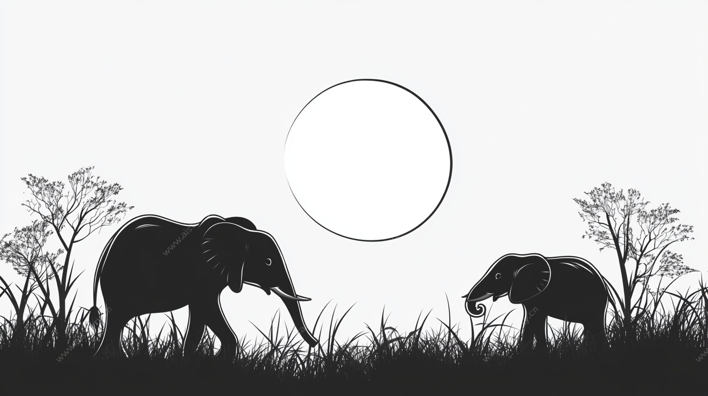 夕阳下的大象母子剪影