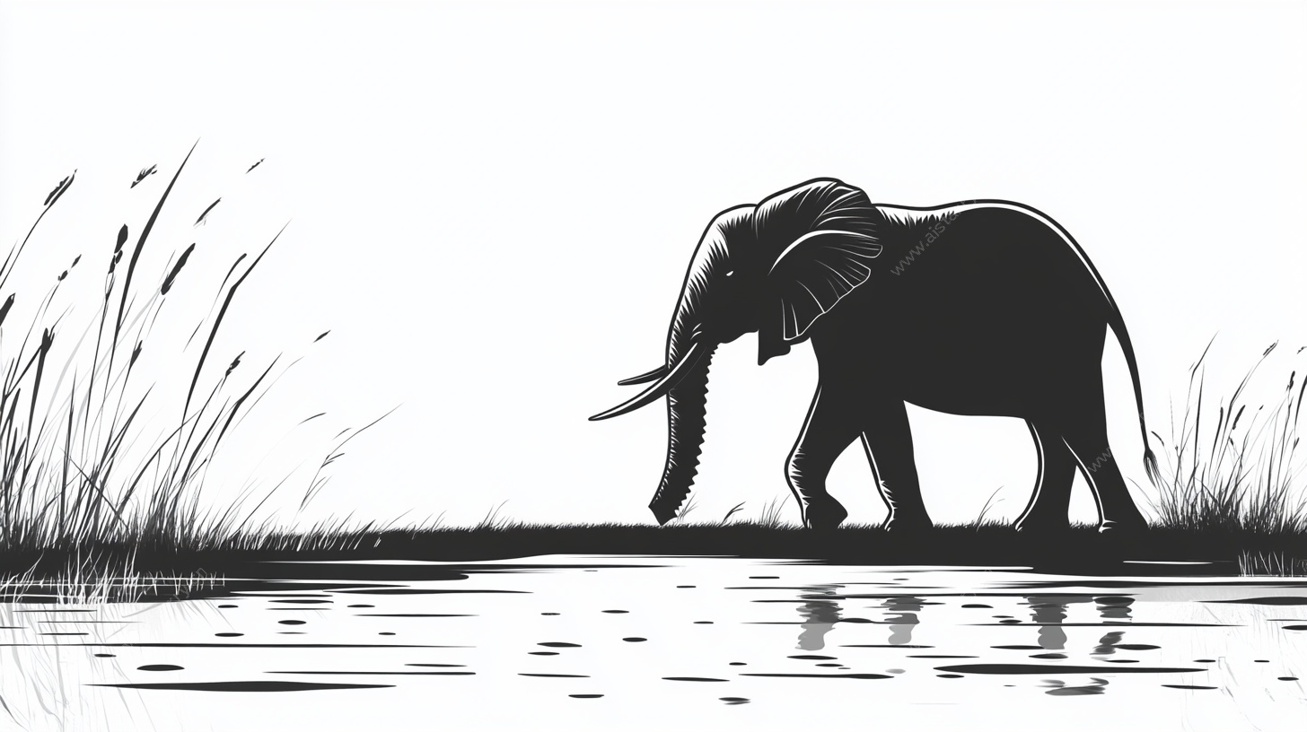 大象漫步于水边湿地