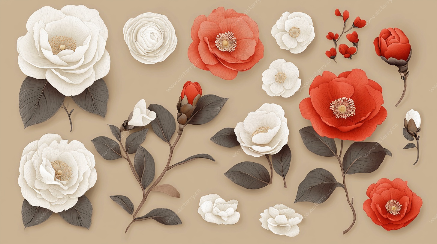 复古风红白花卉素材集合