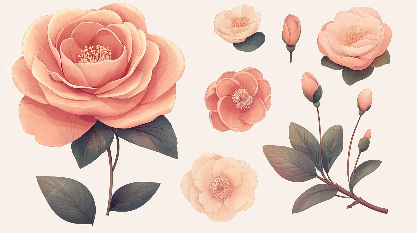 粉色山茶花插画集合
