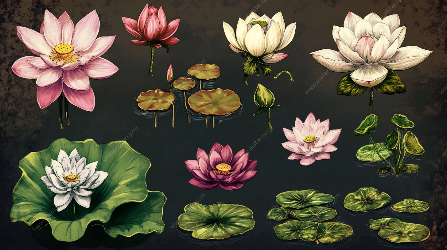 多彩荷花与荷叶插画集合