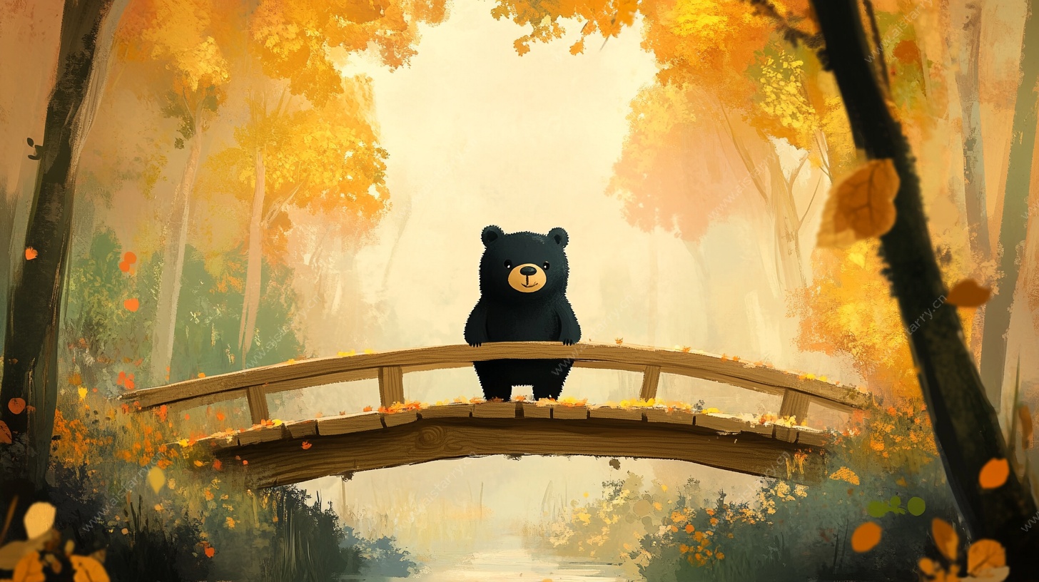 秋日小熊的静谧桥边时光
