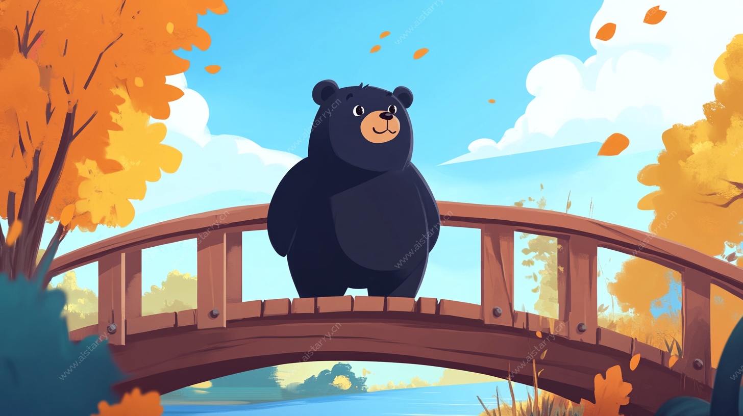 桥上黑熊的秋日漫步
