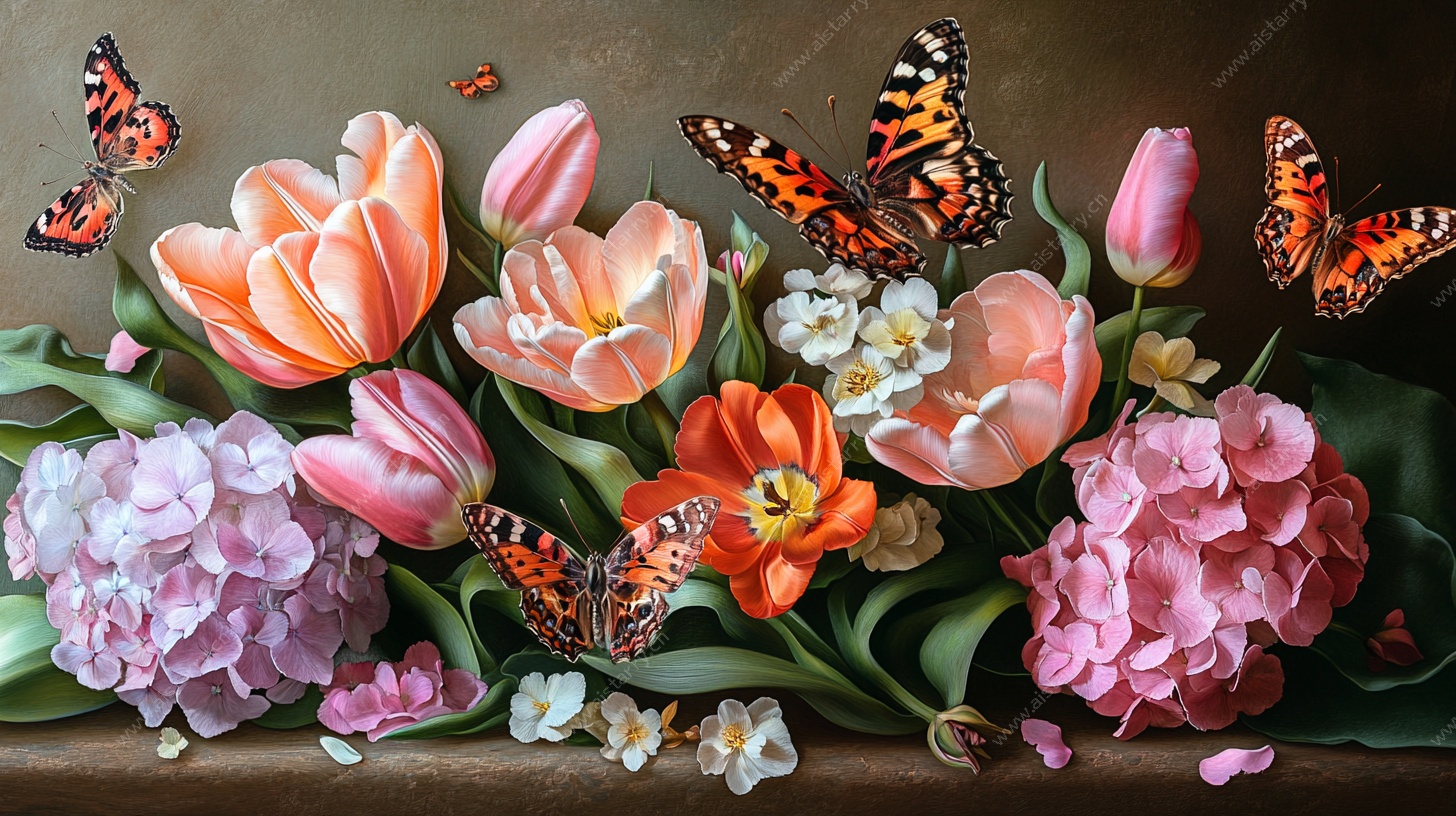 花卉与蝴蝶的梦幻静物画