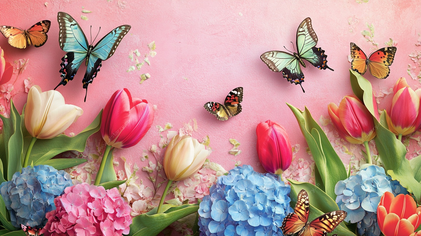 春日花卉蝴蝶梦幻图景