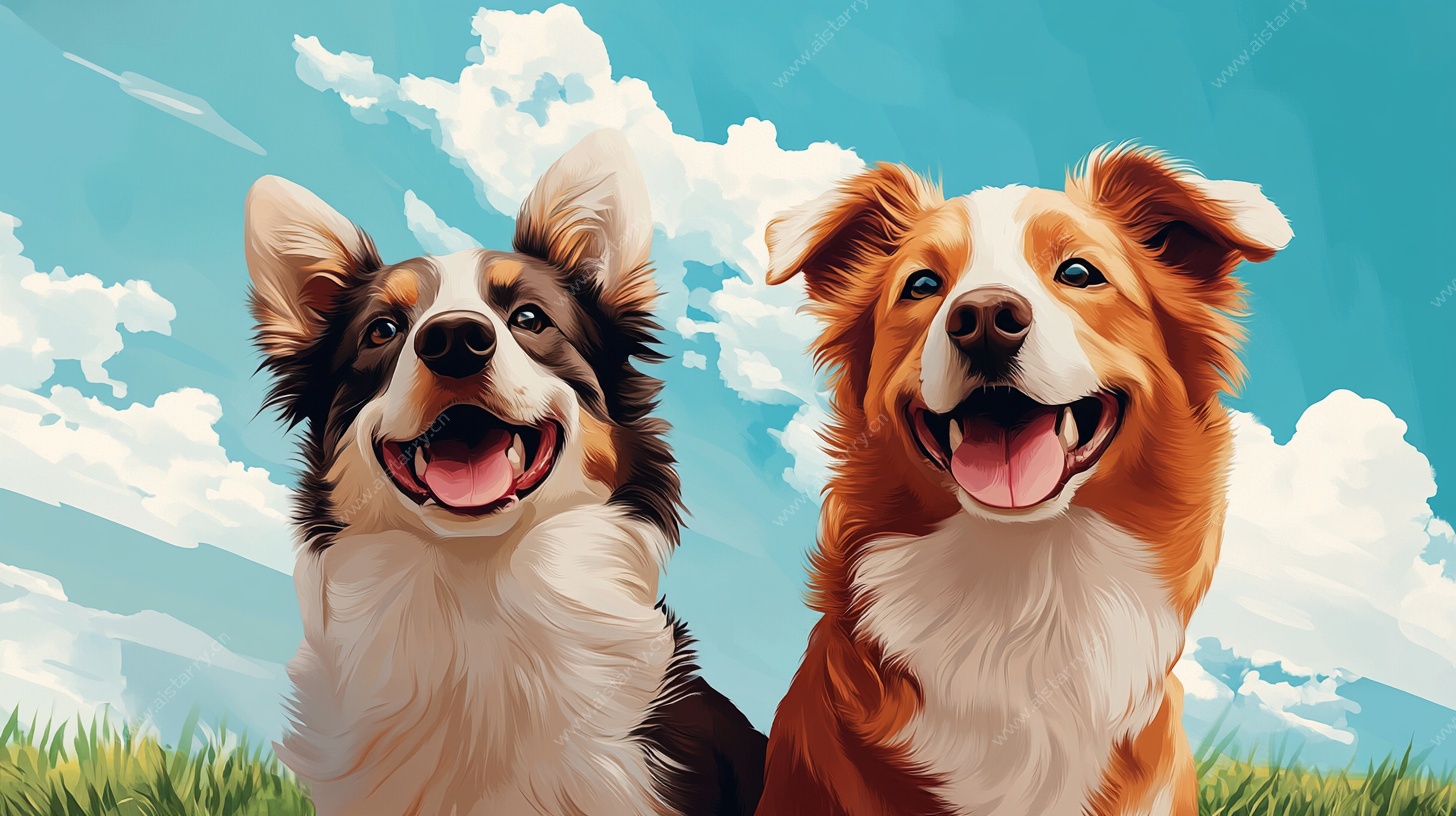 两只萌犬在草地快乐相伴