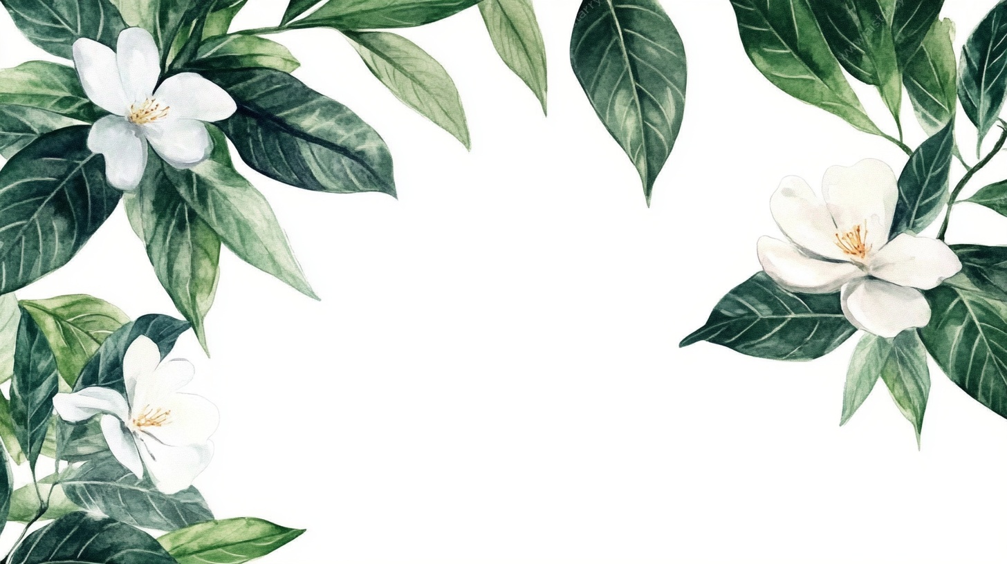 白色花卉绿叶边框插画