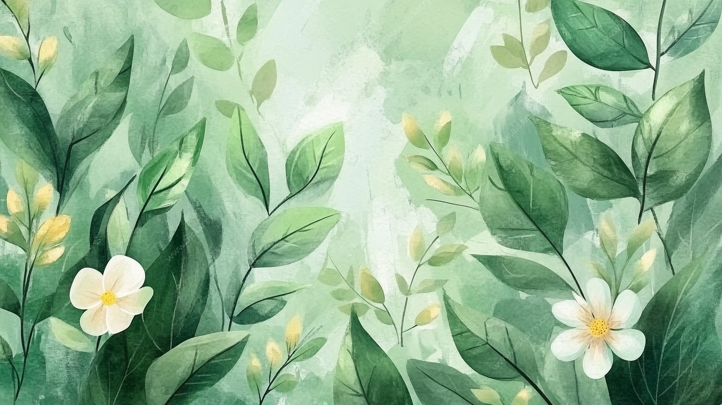 清新绿叶白花水彩画