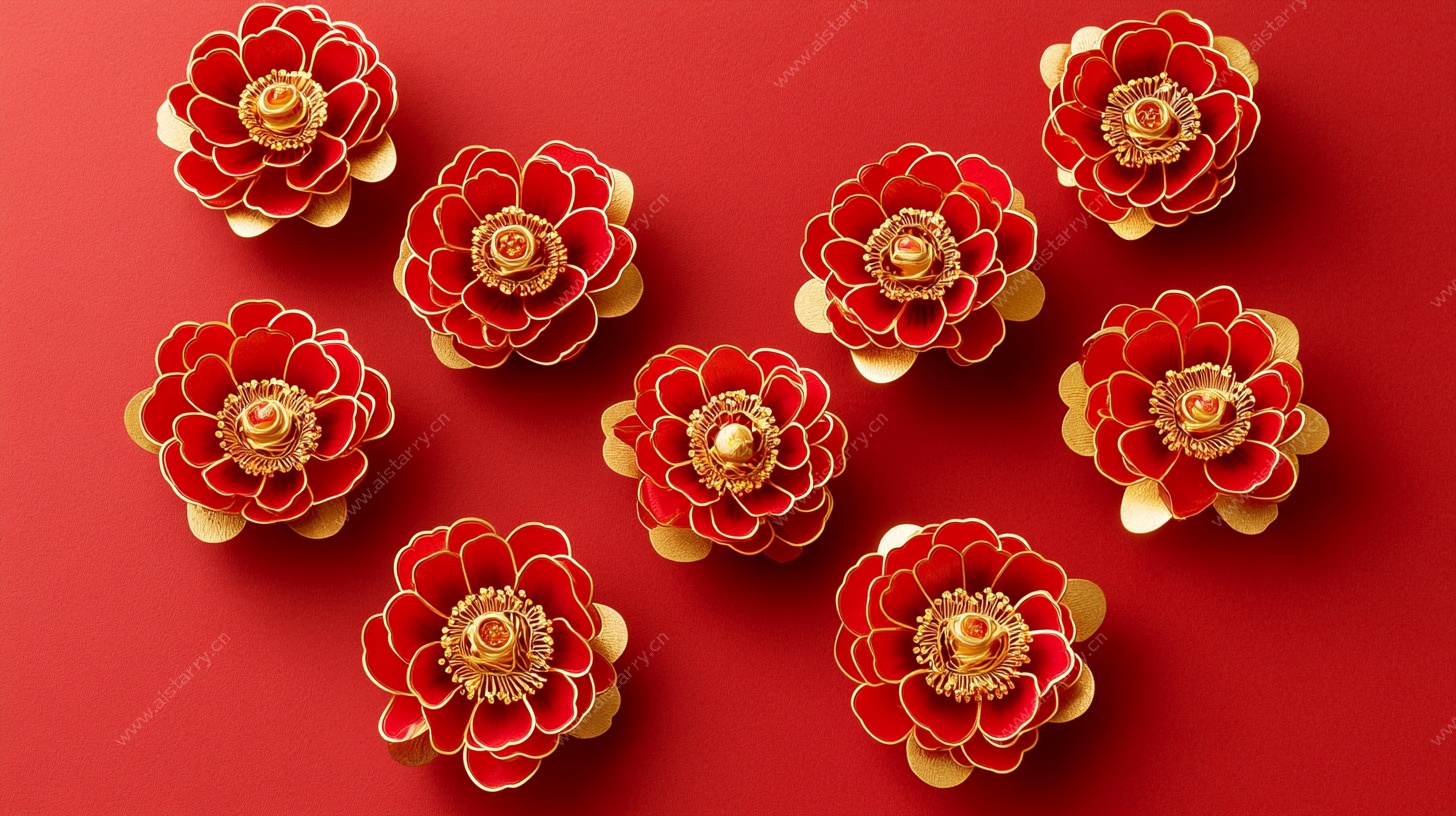 红色金饰花朵摆拍图