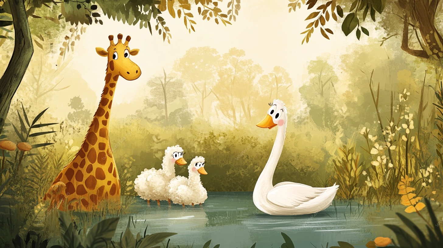长颈鹿与天鹅的溪边奇遇