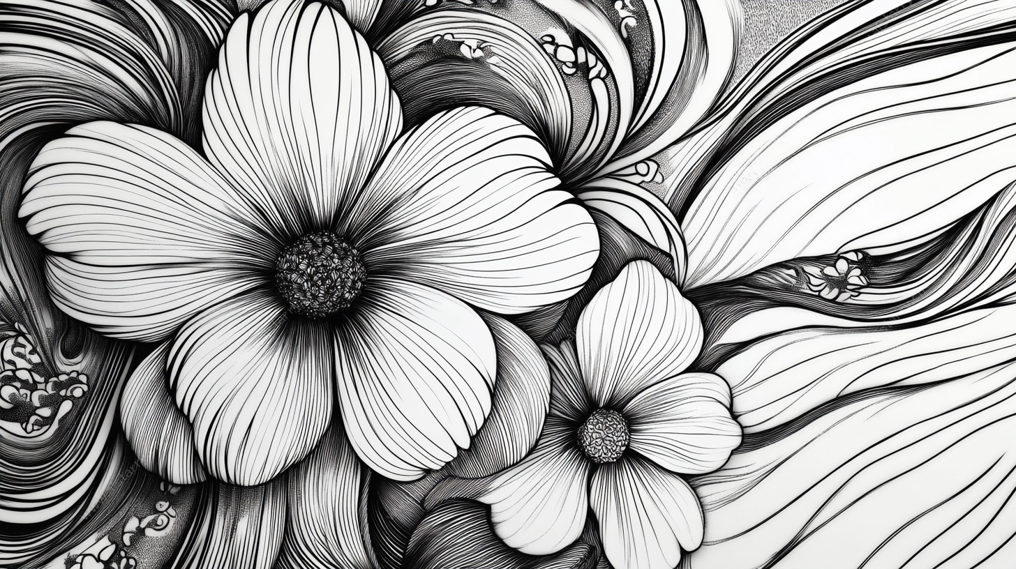 黑白花卉线条艺术插画