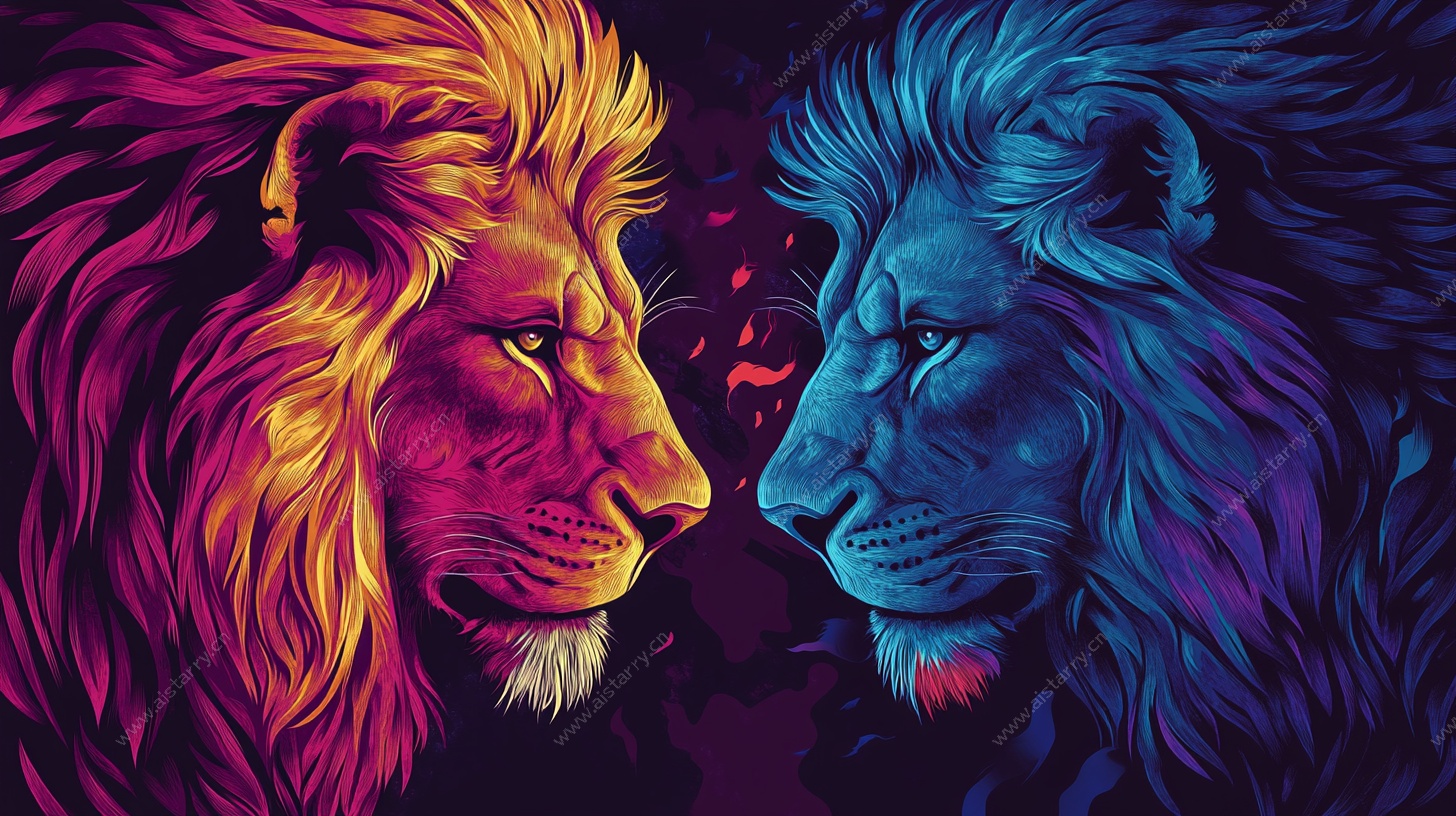 双色雄狮对视奇幻插画