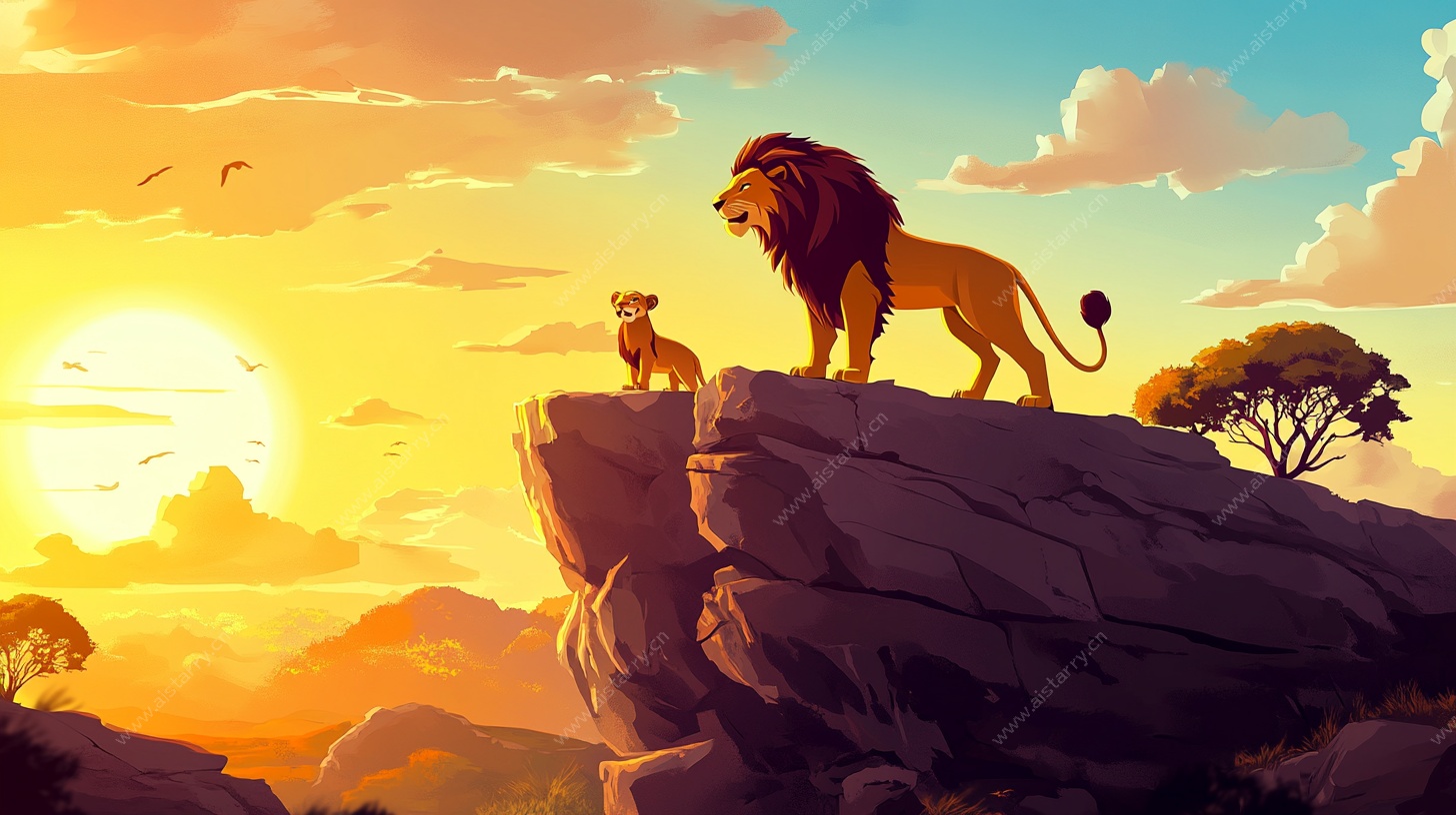 夕阳下的狮王父子