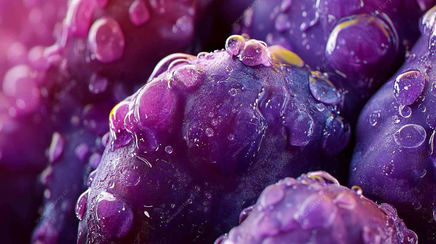 紫葡萄上晶莹水珠特写