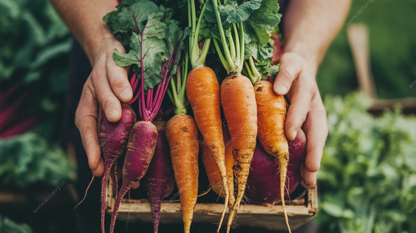 双手捧持多彩新鲜胡萝卜