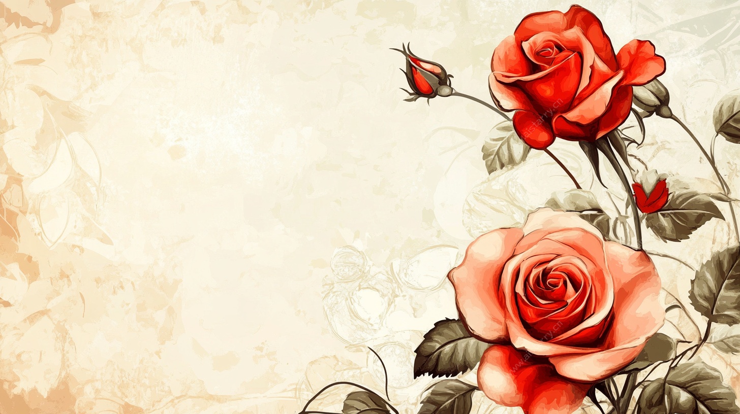 复古风红玫瑰花卉插画