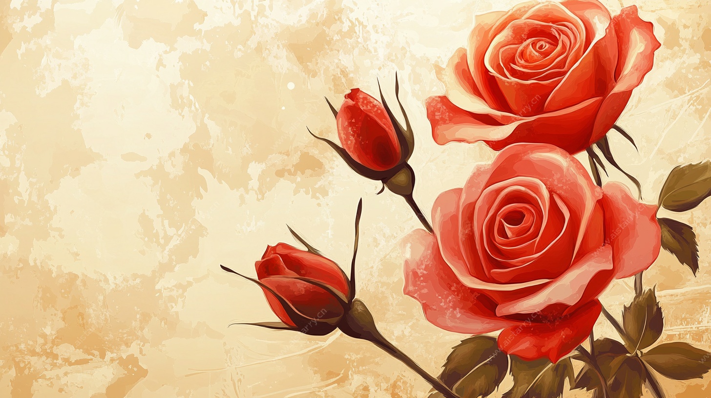 复古风红玫瑰花卉插画