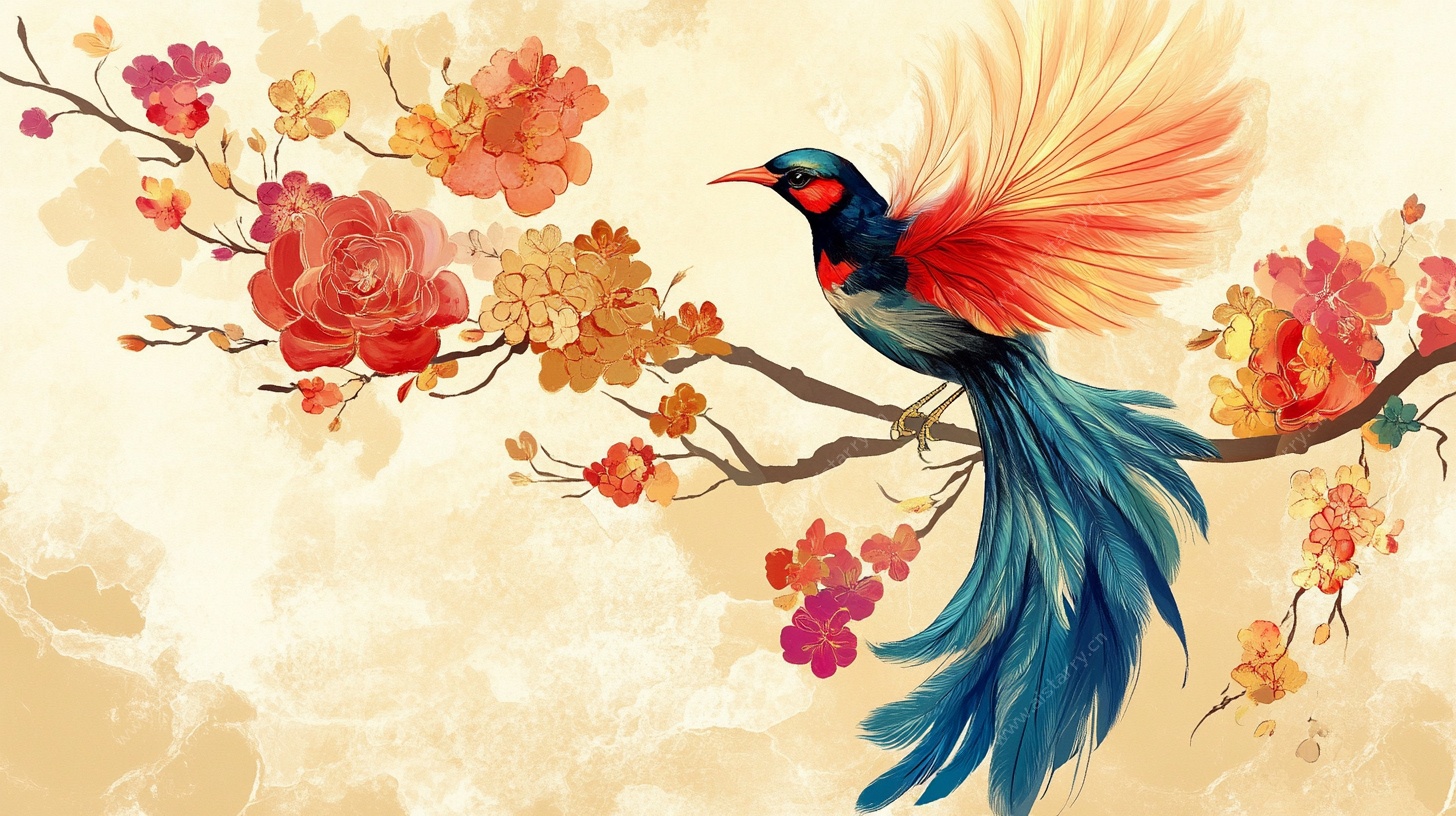 花鸟图 绚丽飞鸟栖繁花枝头
