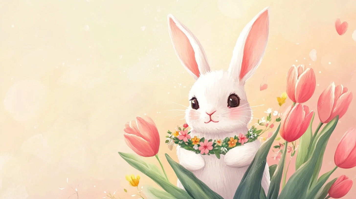 白兔伴花 春日萌趣景象