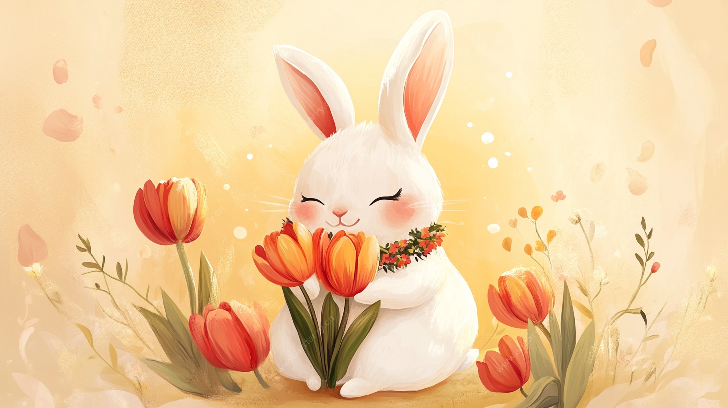 抱花萌兔的温馨春日图景