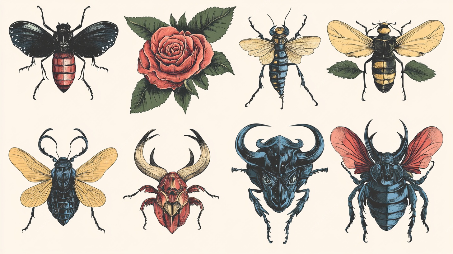 复古风昆虫与玫瑰插画