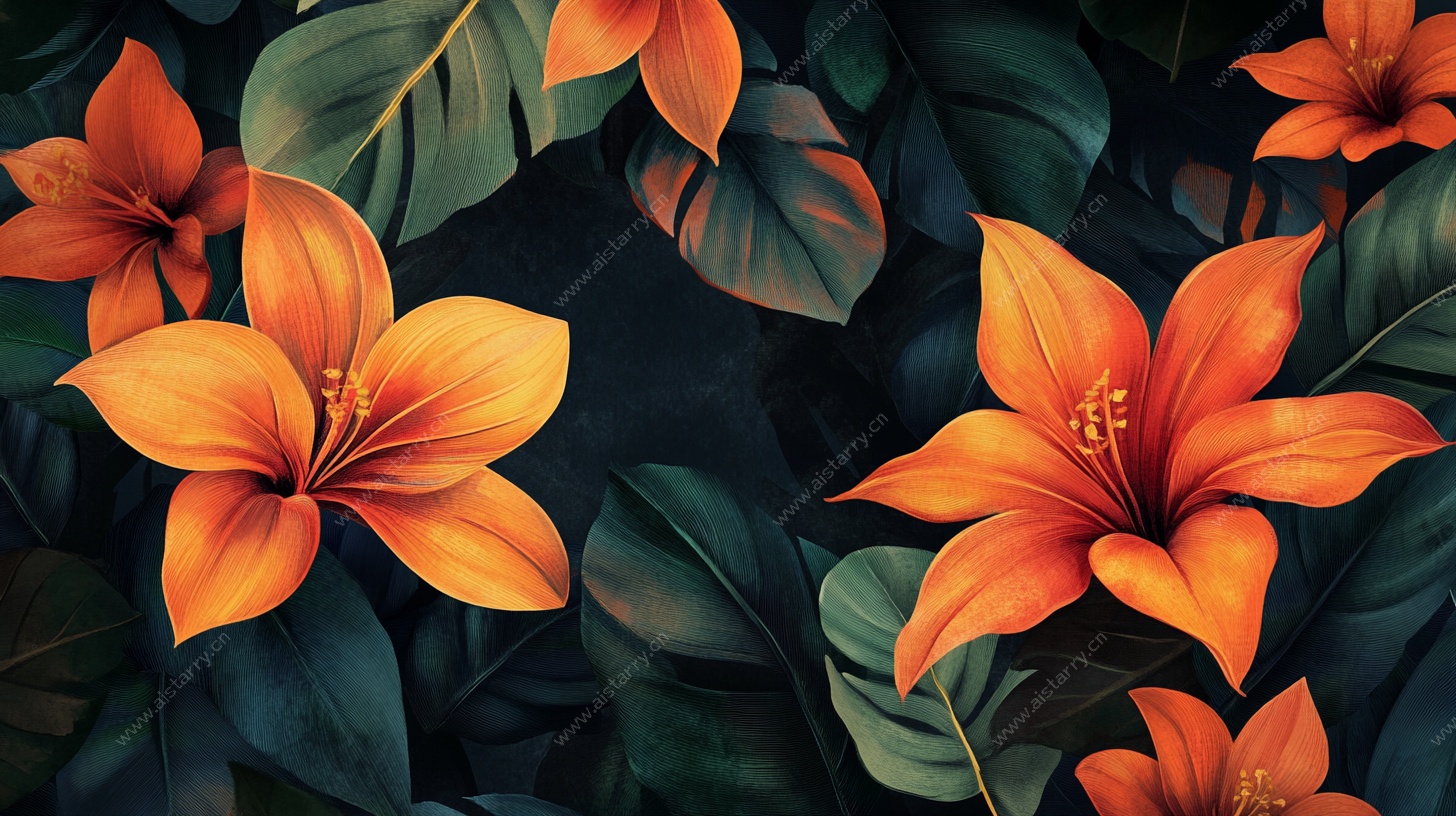 橙色花卉与绿叶梦幻插画