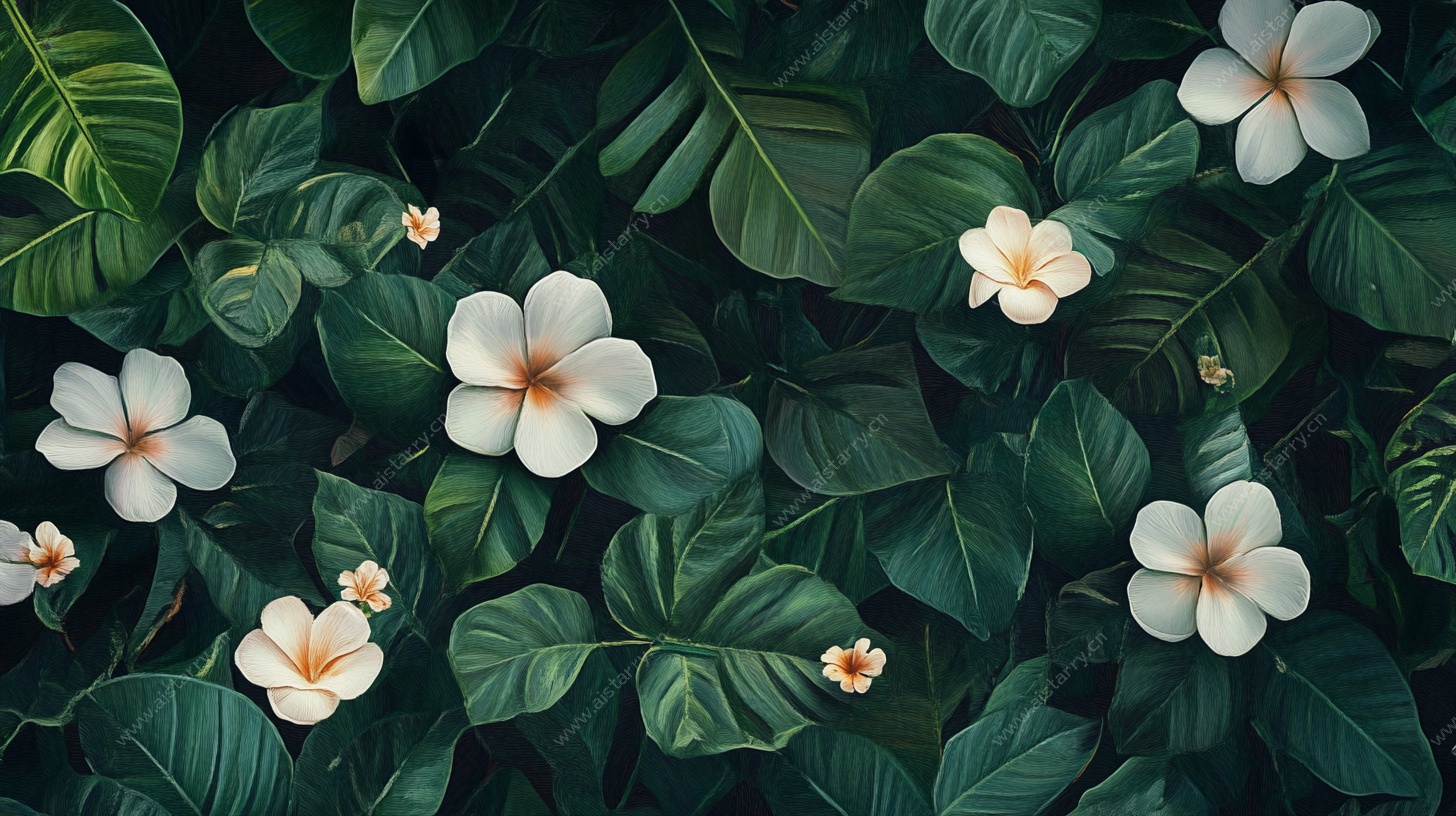 清新白花绿叶植物图景